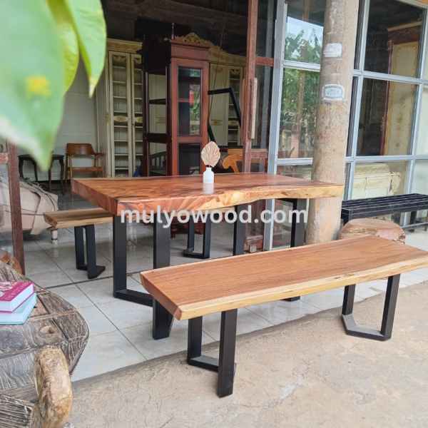 Set Meja Makan Kayu Solid Natural 2 bangku Panjang