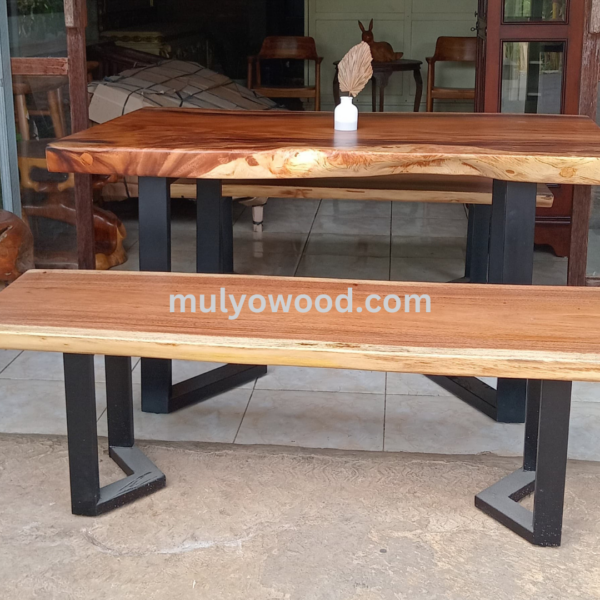 Set Meja Makan Kayu Solid Natural 2 bangku Panjang - Gambar 2