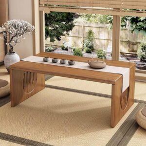 Meja Lesehan Lipat Motif Ukiran Cina – Kayu Jati Finishing Walnut
