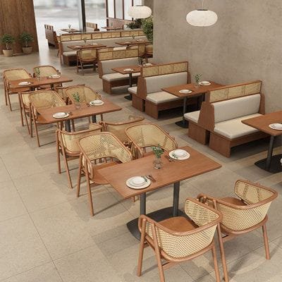 Kursi Cafe Jati Minimalis Jepara – Sandaran Lengkung Kombinasi Rotan Warna Walnut