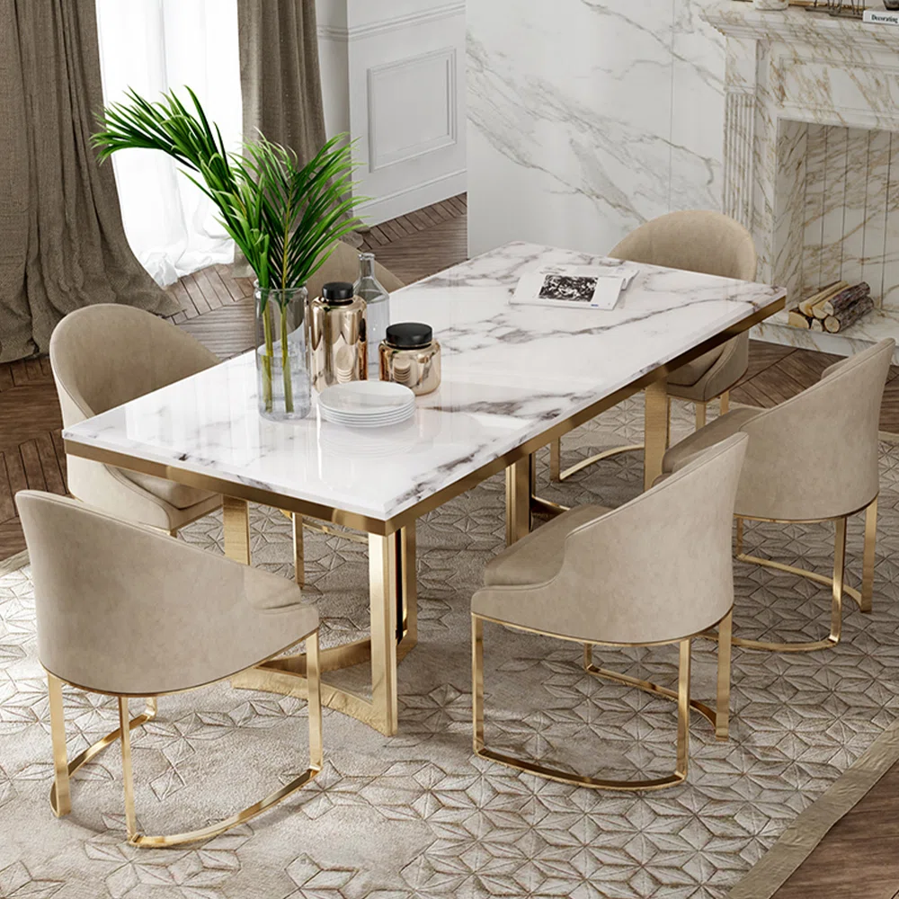 Set meja makan marmer Carrara rangka stainless steel warna emas dengan 8 kursi sofa elegan