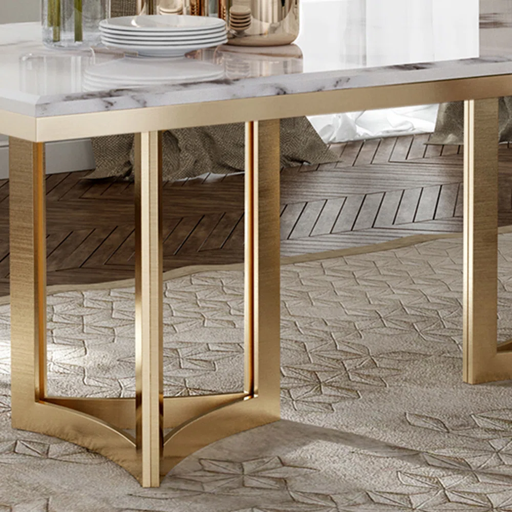 Set Meja Makan Marmer dengan Rangka Kaki Stainless Steel Warna Emas - Gambar 3
