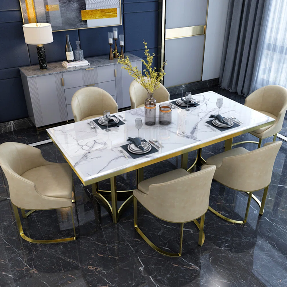Set Meja Makan Marmer dengan Rangka Kaki Stainless Steel Warna Emas - Gambar 5