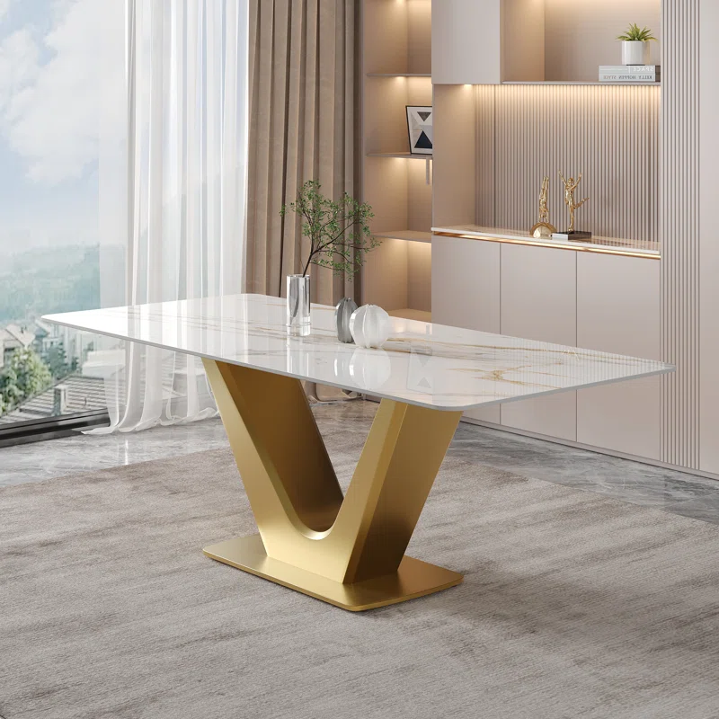 Meja Makan Marmer Putih dengan Kaki Stainless Steel Bentuk V - Gambar 2