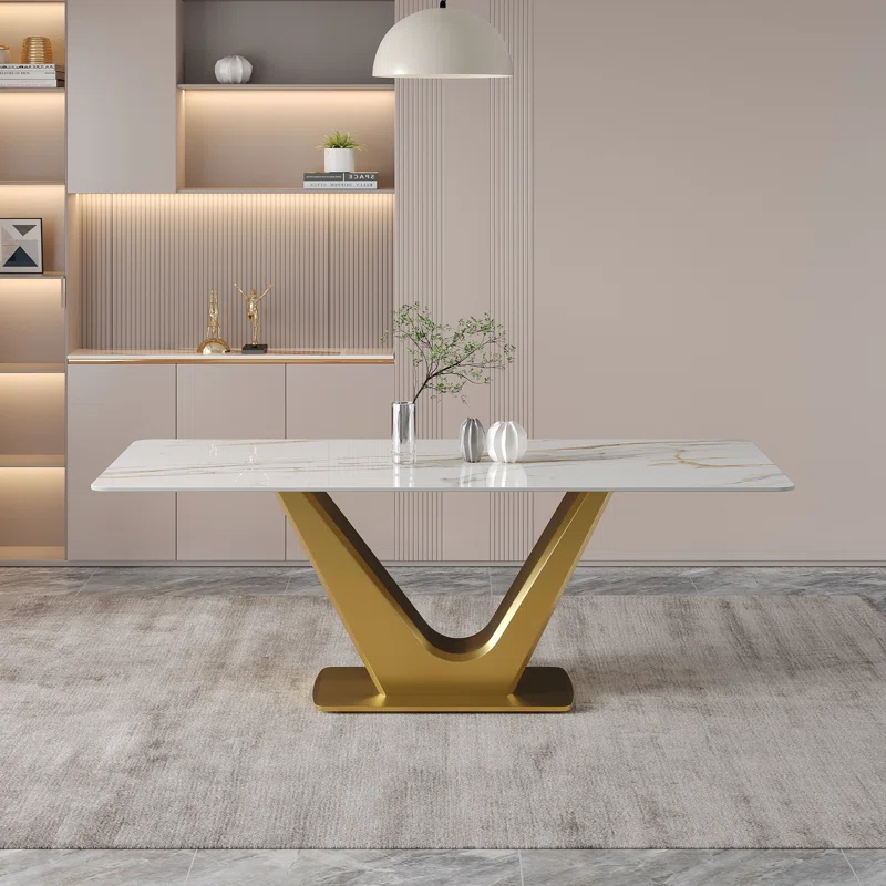 Meja Makan Marmer Putih dengan Kaki Stainless Steel Bentuk V - Gambar 3