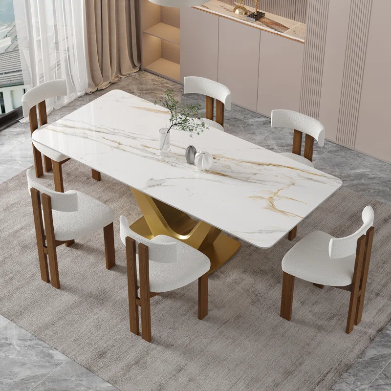 Meja Makan Marmer Putih dengan Kaki Stainless Steel Bentuk V - Gambar 4