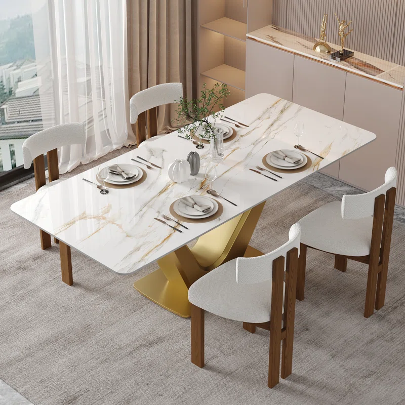 Meja Makan Marmer Putih dengan Kaki Stainless Steel Bentuk V - Gambar 5