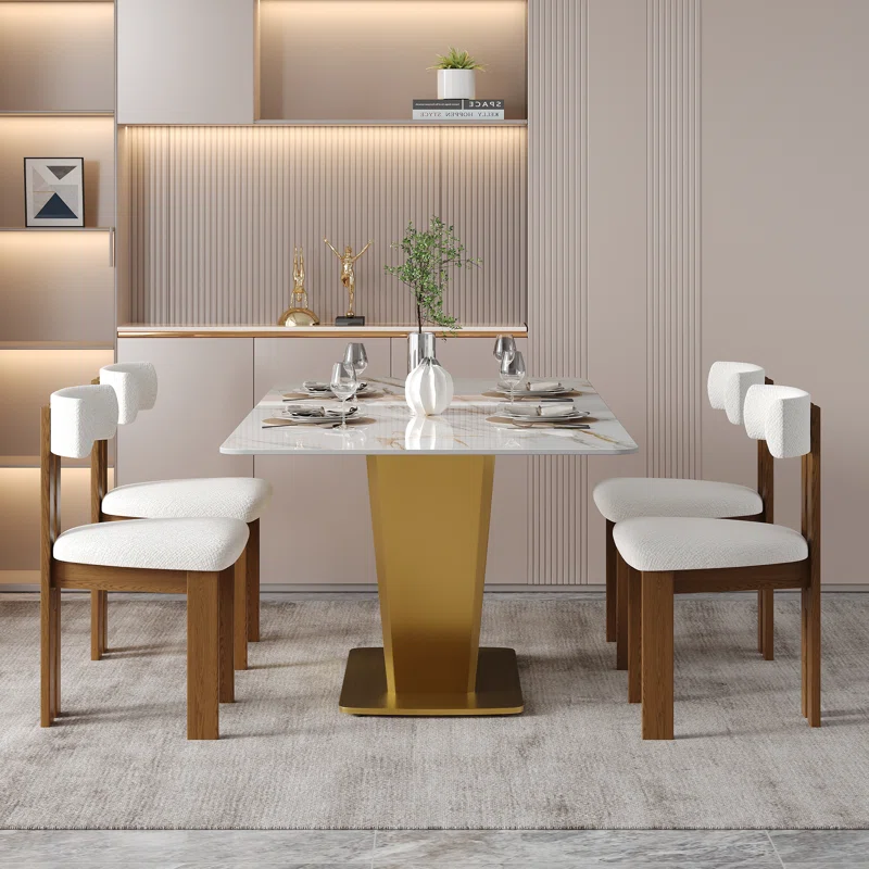 Meja Makan Marmer Putih dengan Kaki Stainless Steel Bentuk V - Gambar 6