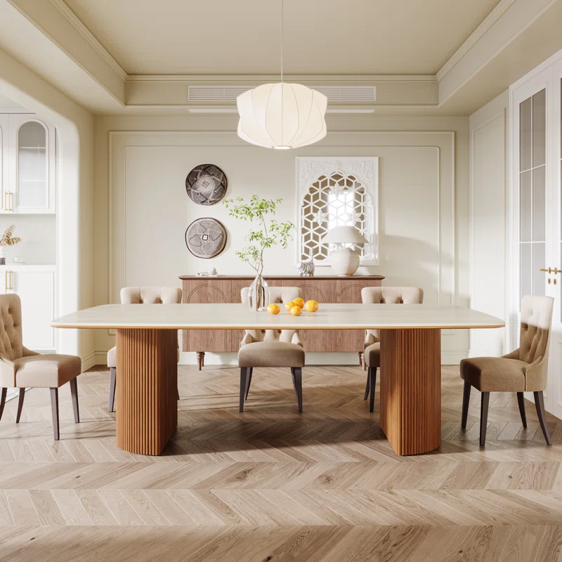 ARCOVA Dining Table – Meja Makan Marmer Putih dengan Semi-Circular Stripe Base - Gambar 5